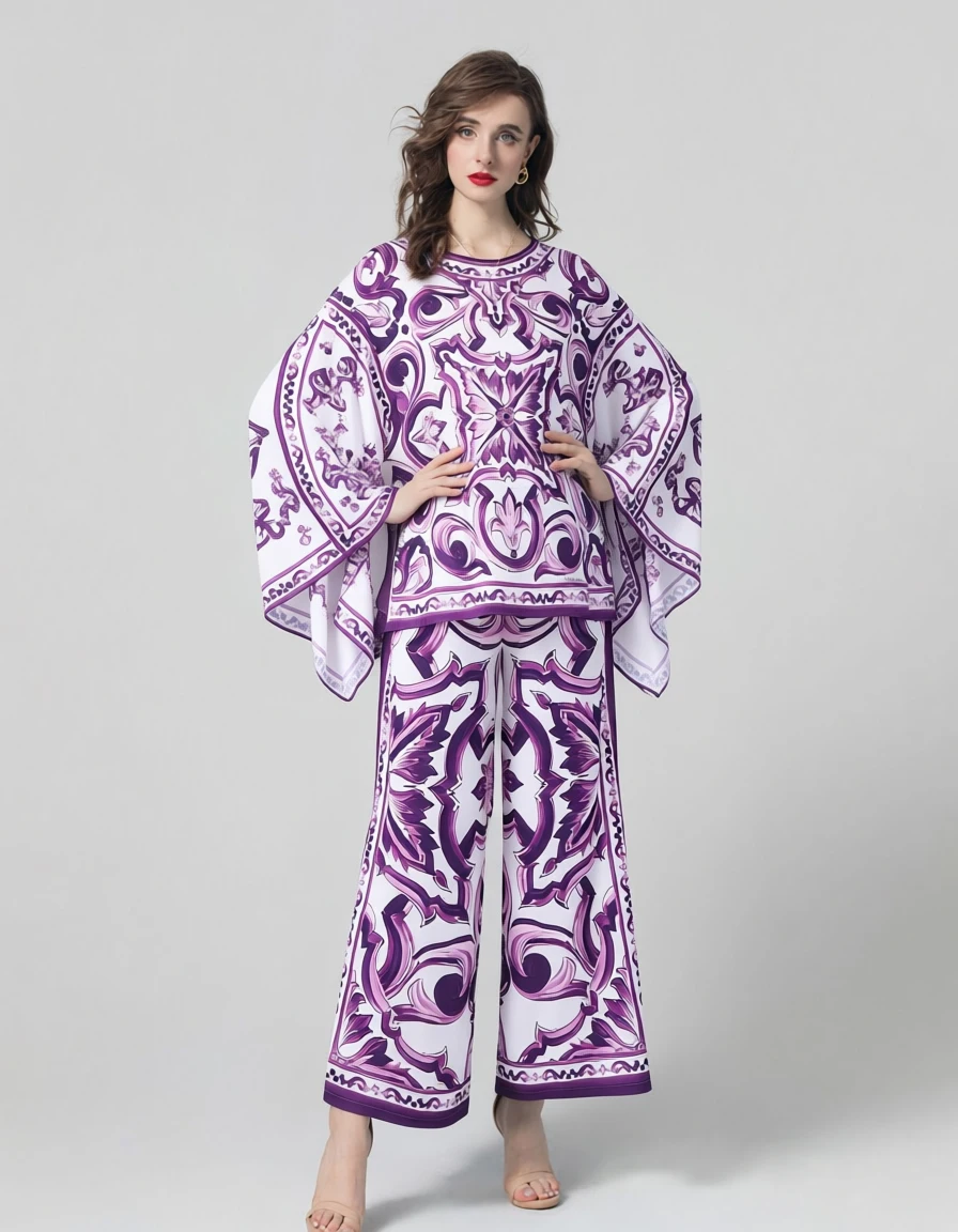 Women's Two Piece Sets Printed Flowy Bell Sleeve Top & Wide Elastic Waist Leg Pants Suits Fashion Twinsets