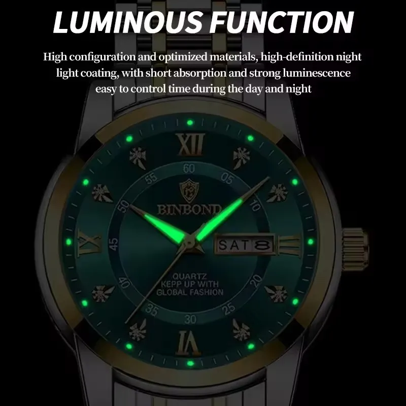 BINBOND Authentic Waterproof Night Light Business Diamond Inlaid Men's Watch Steel Strap Butterfly Buckle Display Date and Week