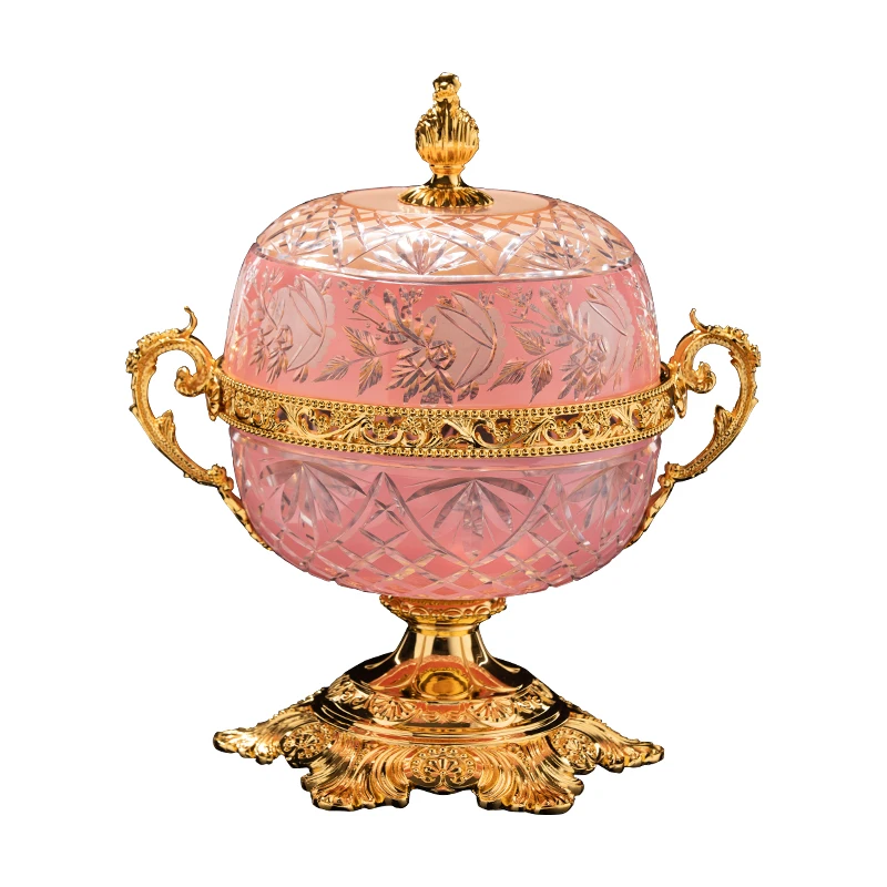 antique home decoration ceramic candy plate, brass tall feet, luxury French crystal craftsmanship and artistic fruit bowl