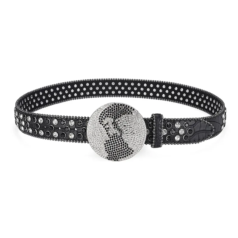 Western Leather belt BlingBling Diamond round buckle water Crystal diamond belt punk style Unisex PU Synthetic belt