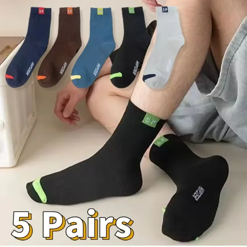 5 Pairs Premium Thickened Business Seasonal Versatile Stylish Mid-calf Socks for Men Anti-odor Mid-calf Athletic Socks