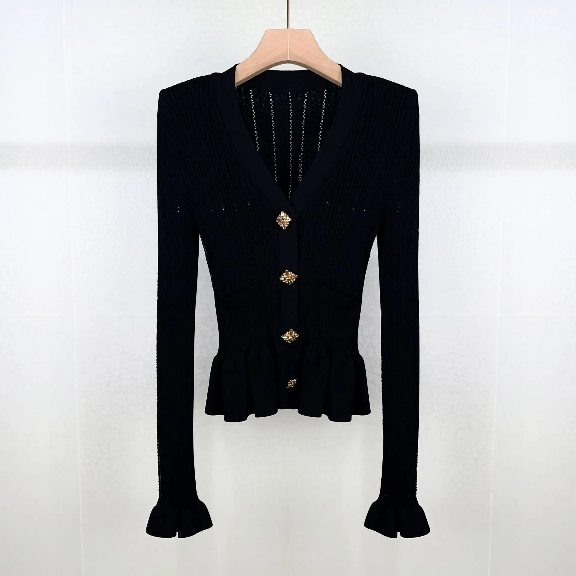 Women Black Shoulder Pad Ruffles Knit Cardigan Gold Buckle V-Neck Slim Fit 2024 Early Autumn Ladies Long Sleeve Knitwear Tops