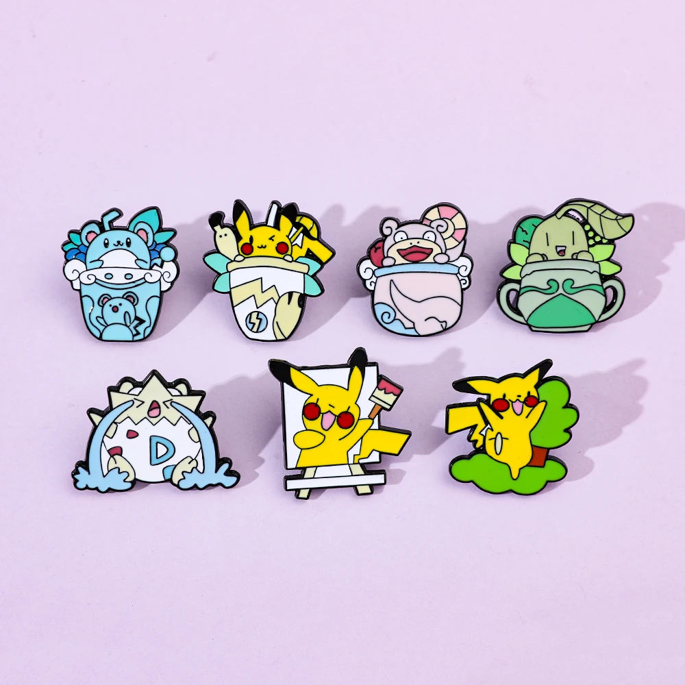 7 pcs Cartoon Pikachu Brooch Cute Chikorita Togepi Enamel Pin Clothes Backpack Jewelry Metal Badge Accessories gift