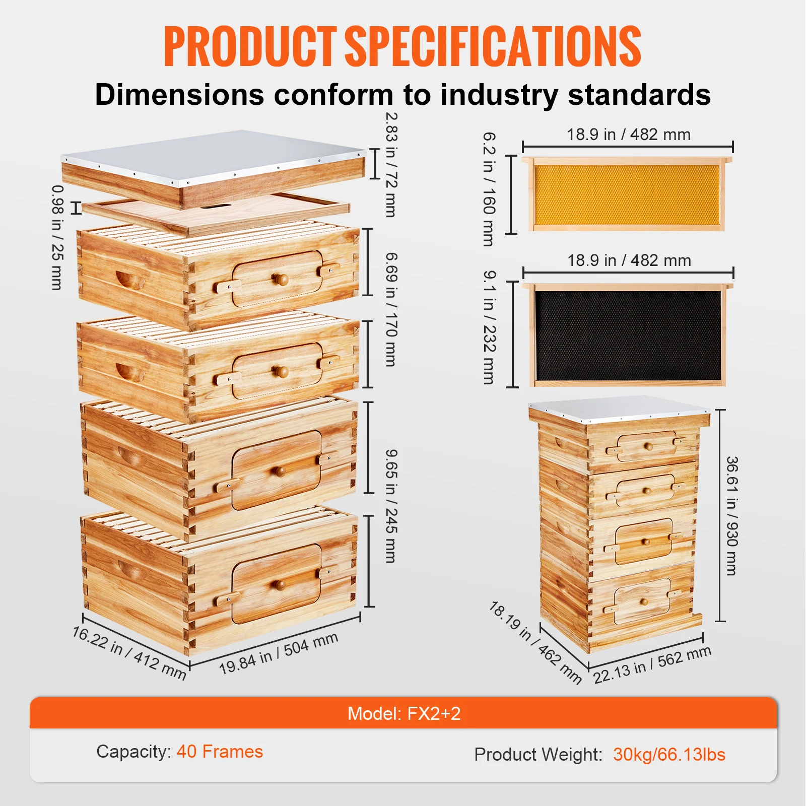 SucceBuy Bijenkorf Diepe Box Starter Kit 100% Bijenwas Gecoat Natuurlijk Cederhout Langstroth Bijenkorf Kit Transparant Acryl - afbeelding 1