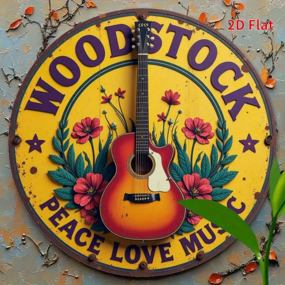 

Винтажная металлическая табличка Woodstock 7,8x7,8 дюймов, ретро-декор для стен с гитарой и цветами, знак мира для дома, бара, кафе