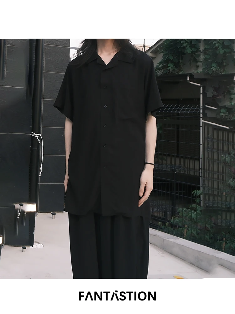 

FANTASTION Dark style short sleeved shirt with oversized Cuban collar, loose and luxurious design, smooth and flowing fabric