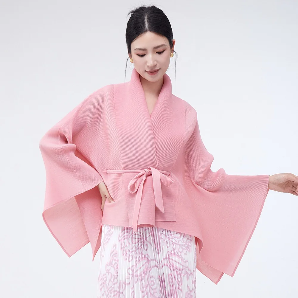Women Spring Outerwear Cardigan Shawl 2026 New Loose Flared Lapel Tie-Up Asymmetrical Style Female Outerwear Top