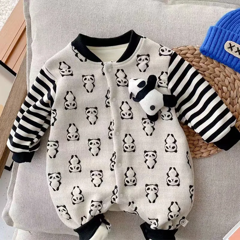 

2025 Autumn And Winter New Printed Red Panda Long-Sleeved Bodysuit For Babies Striped Versatile Children's Clothing