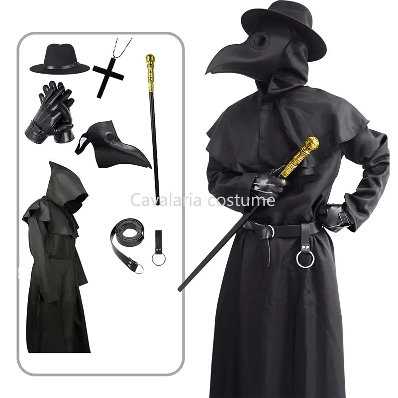 

Plague Doctor Cosplay Costume Adult Medieval Hooded Robe Steampunk Bird Beak Mask Halloween Carnival Party Outfits