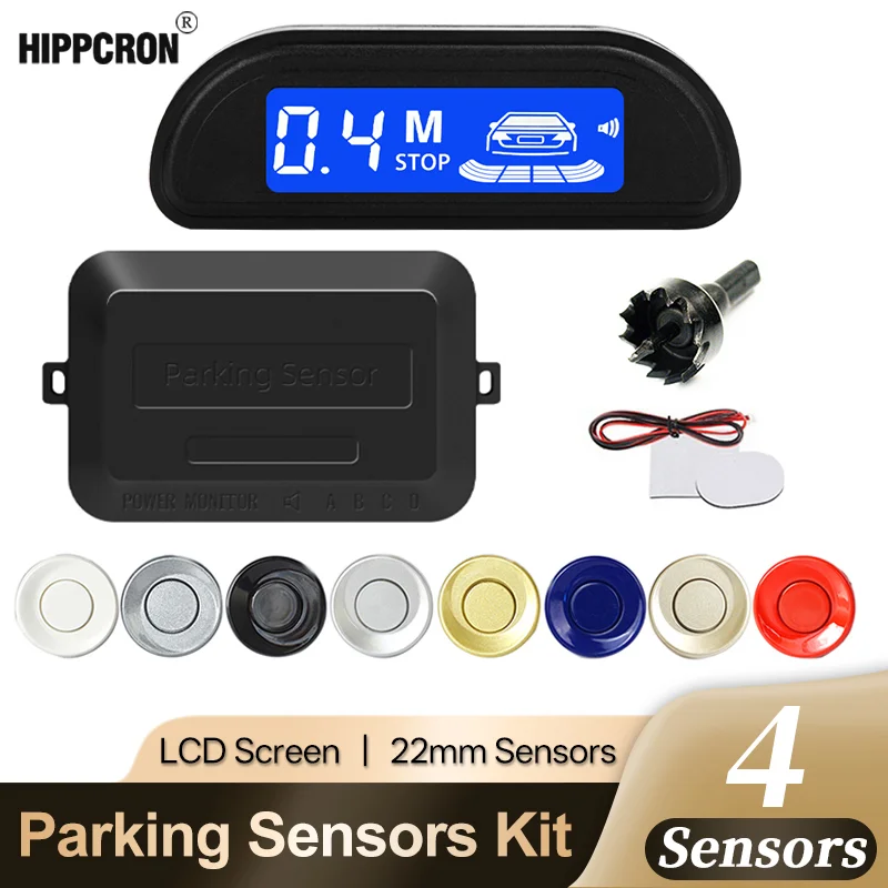 Hippcron Parksensoren Parkset LED-Anzeige 22 mm 4 Sensoren Hintergrundbeleuchtung Reverse Backup Radarüberwachungssystem 8 Farben