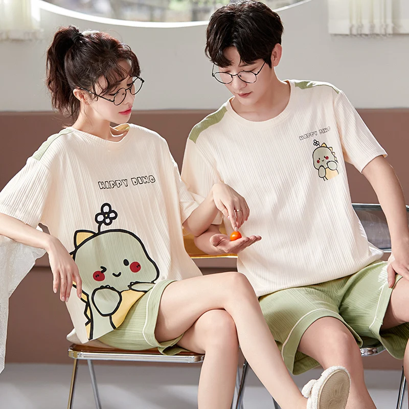 Summer Cotton Couple Pajamas Set Cartoon Sleepwear Short Sleeve Round Neck Loose Sweet Cute M-3XL Lovers Homewear