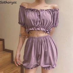 Women Pajama Sets Chic Folds Cute Girls Summer Pajamas Japanese Style College Sleepwear Shorts Lace-up Stylish Sexy Loungewear