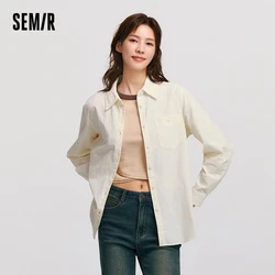 Semir Long Sleeve Shirt Women Mid-Length Loose Pure Cotton 2024 New Winter Corduroy Top