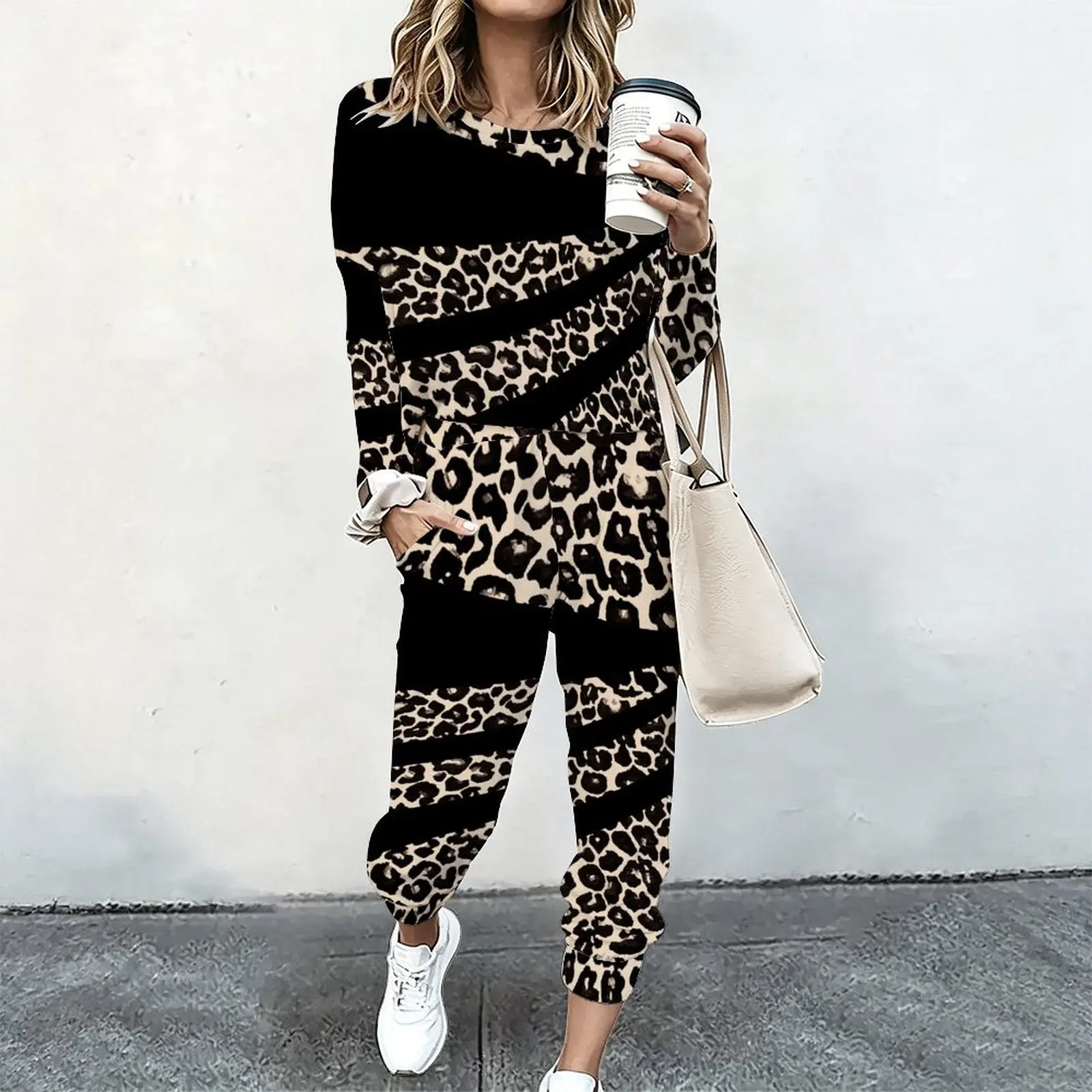 Women 2 Piece Tracksuit Set Print Long Sleeve Crew Neck Top And Jogger Pants Casual Streetwear Outfit With Pockets