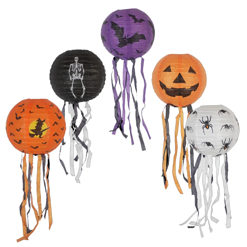 

5 pcs Paper Lantern Decorations Hanging Halloween Suspension Round Tassel Lanterns For Party Haunted House Bar Indoor Lighting