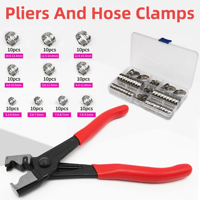 

100pcs Single Ear Stepless Hose Clamps or 1PC Hose Clip Clamp Pliers 5.3-15.3mm Stainless Steel Fuel Hose Cinch Clamp Rings