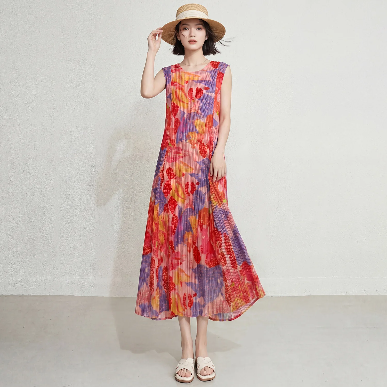 High-end Japanese-style Pleated Summer New Green Tie-Dye Print Cardigan + Sleeveless Dress Vacation Set view 6