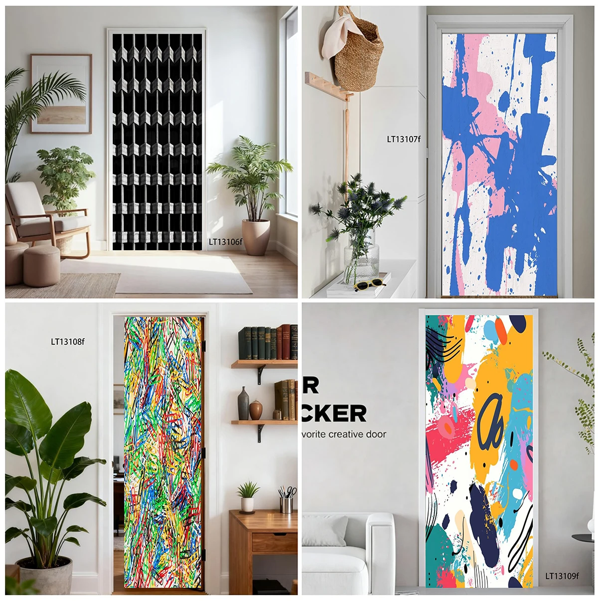 Waterproof Self-Adhesive Door Wallpaper Abstract Paint Splash Graffiti 3D Line Geometric Removable PVC Interior Door Decor