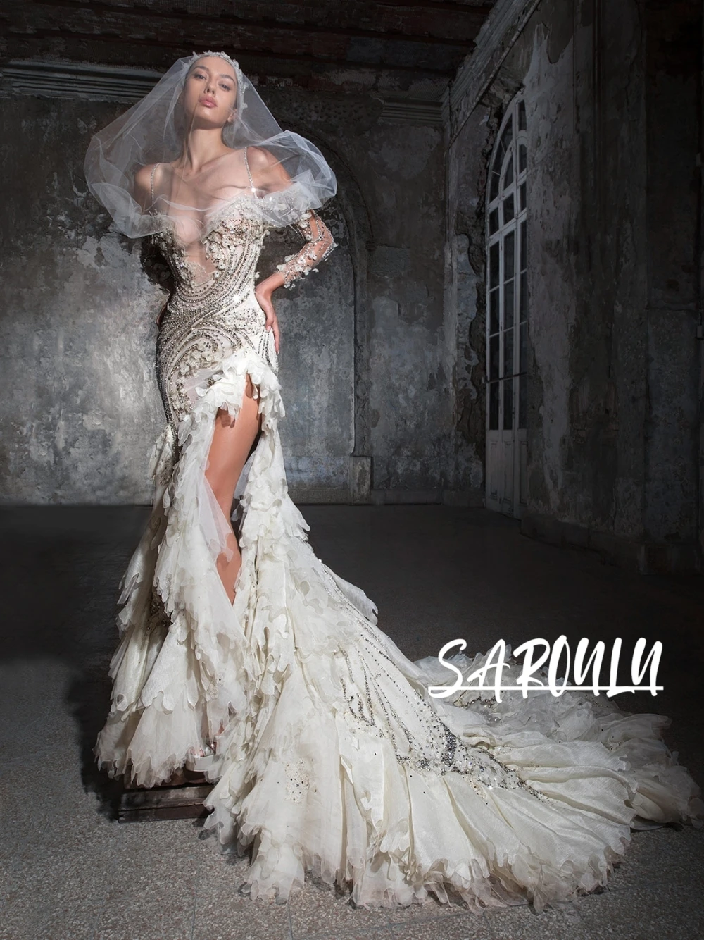 

Fairytale Beaded Sequined Mermaid Evening Dress Customized Textured Layered Skirt Sexy High Slit Chic Women Wedding Party Gown