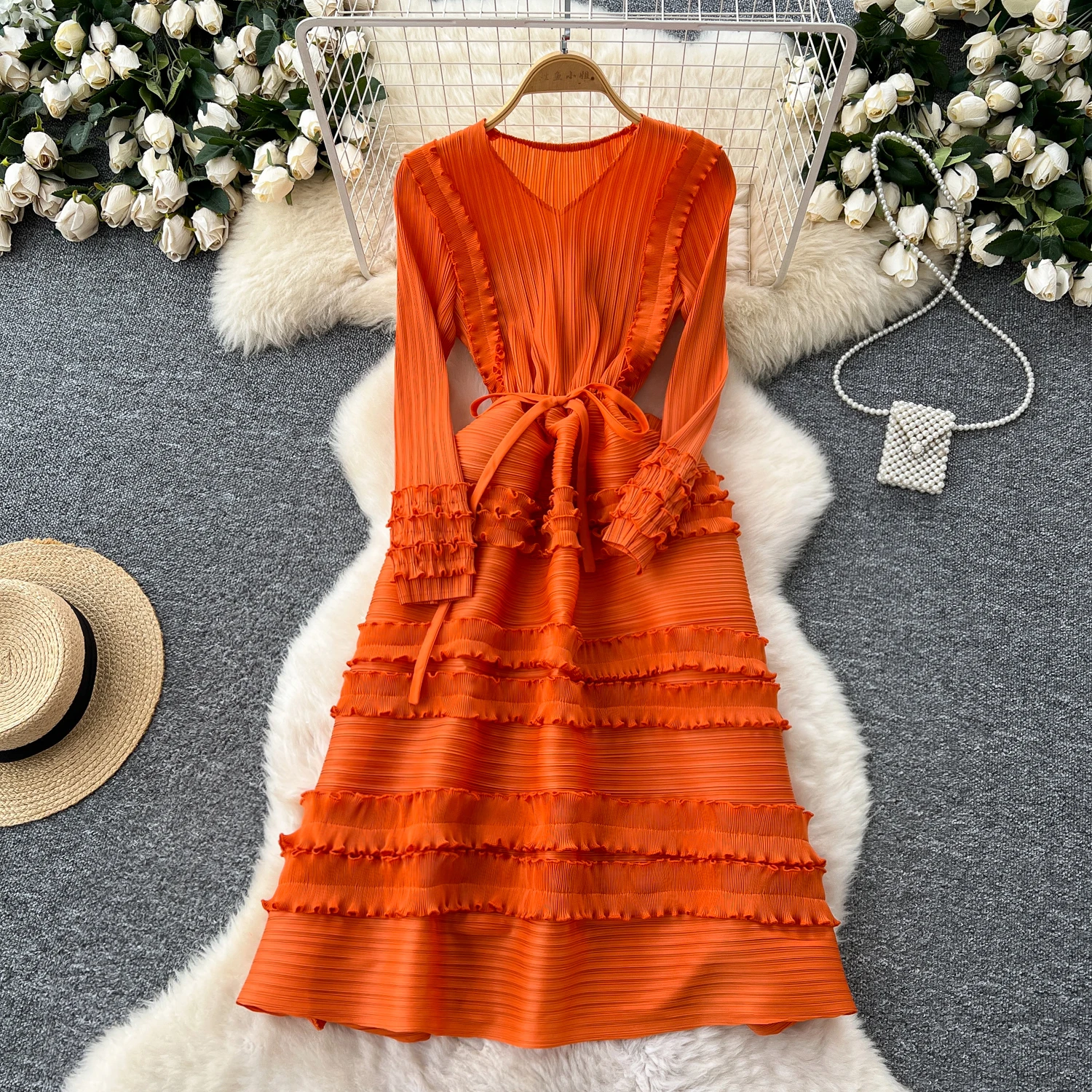 

Three-dimensional pleated Edible Tree Fungus lace-up Elegant Bodycon Dress Slim Party Club Vintage Dress Korean Fashion Clothes