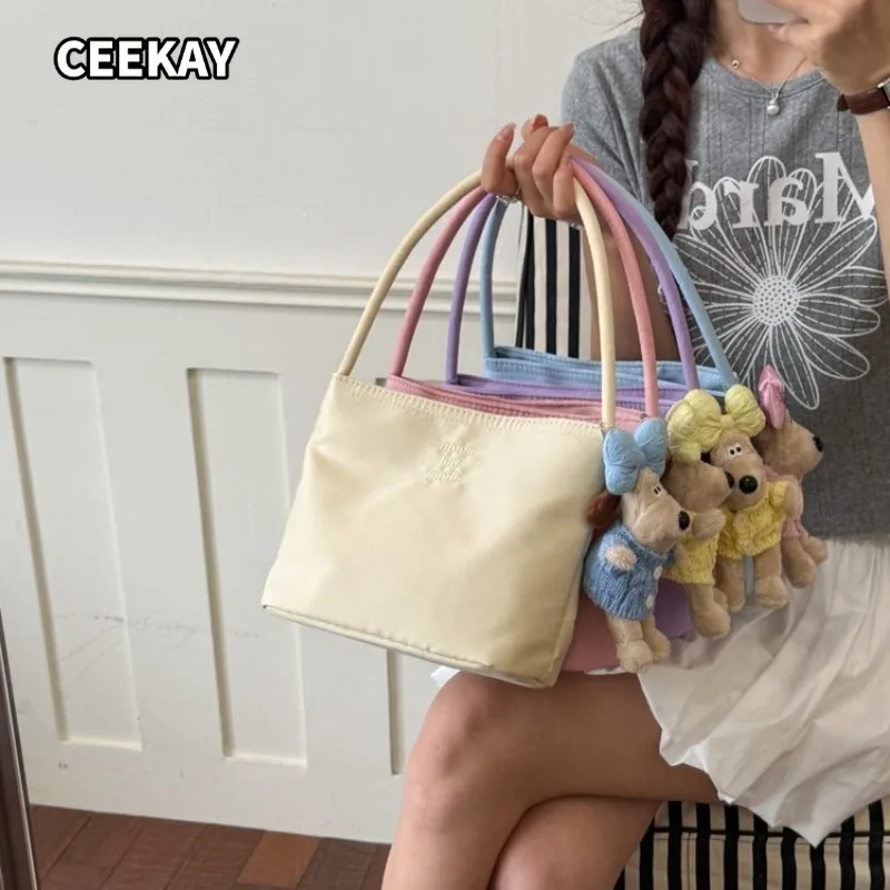 CEEKAY Minimal Solid Shoulder Underarm Bag Dual Carry Thin Fabric Strap Knitted Dog Bow Ornament Girls Multi-use Fresh Daily