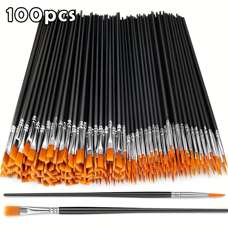 100pcs Synthetic Paint Brush Set - Flat And Round Tips - Durable Mouse Tail Handles - Professional For Art Set For Acrylic
