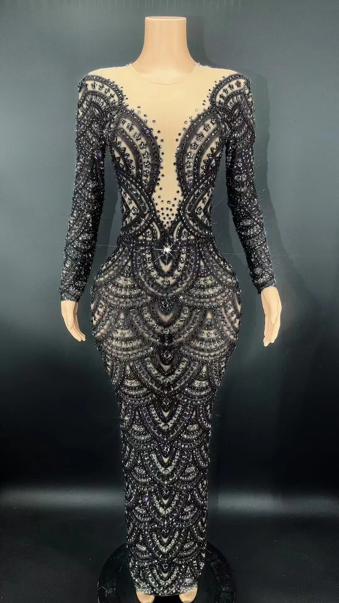 Sexy imprimé strass à manches longues Stretch serré longue robe De soirée robe De Festas robes De Fiesta Brillo robes De mariages