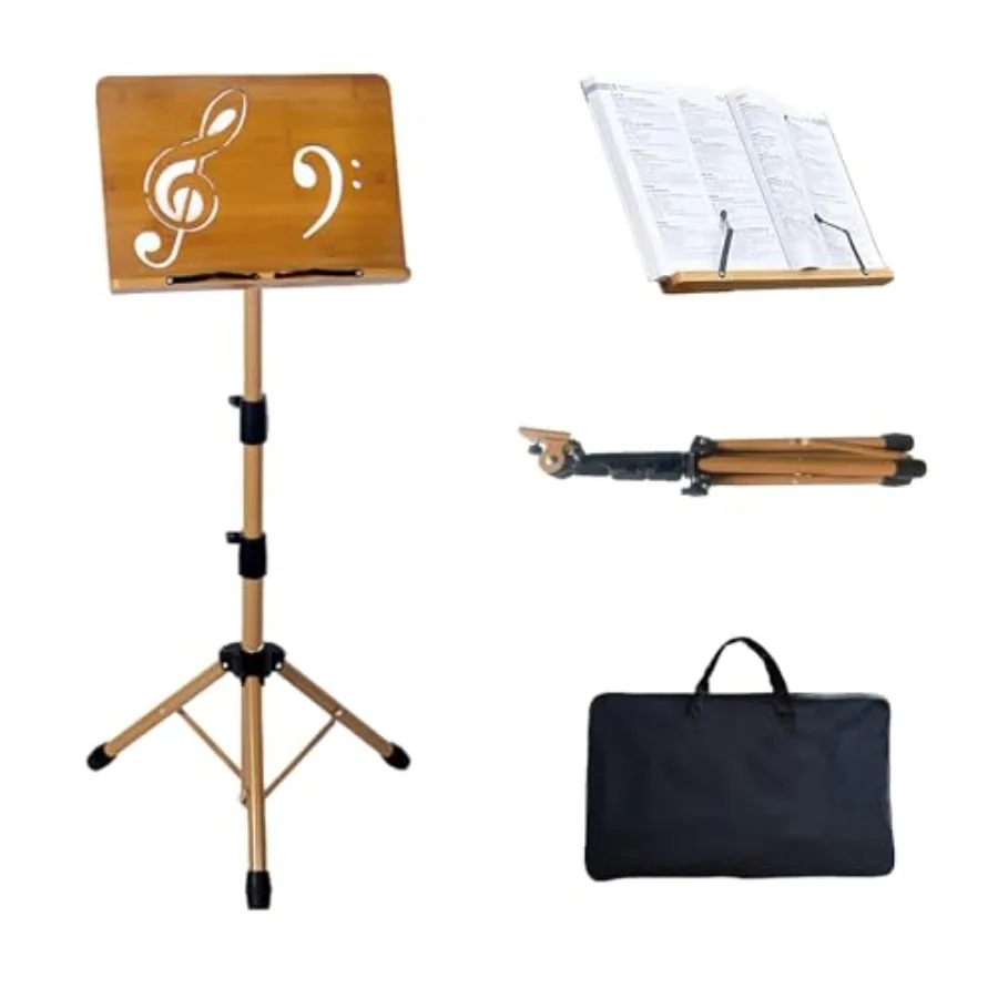 

Folding Music Stand - Portable Sheet Music Stand with Carrying Bag Adjustable Wooden Metal Desktop Book Stand Podium Lectern Ho