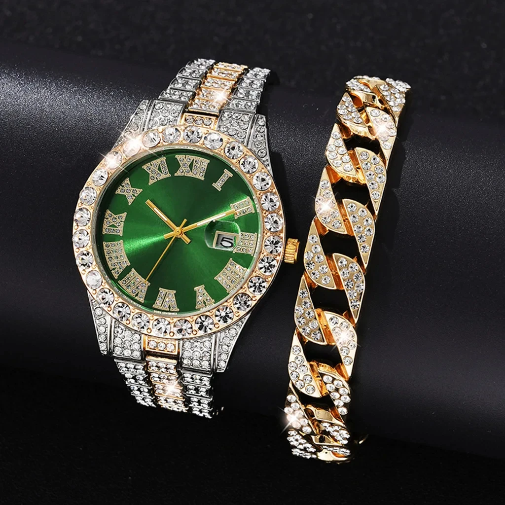 2 pçs moda luxo cheio de diamante banda aço calendário escala romana masculino banda aço relógio quartzo com corrente diamante pulseira conjunto