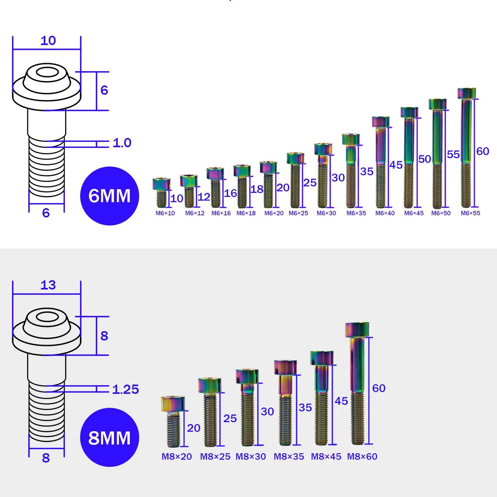 M6 10-60 Titanium Bolts Pitch 1.0mm Titanium Parallel Socket Cap for Motorcycle Accessory Parts