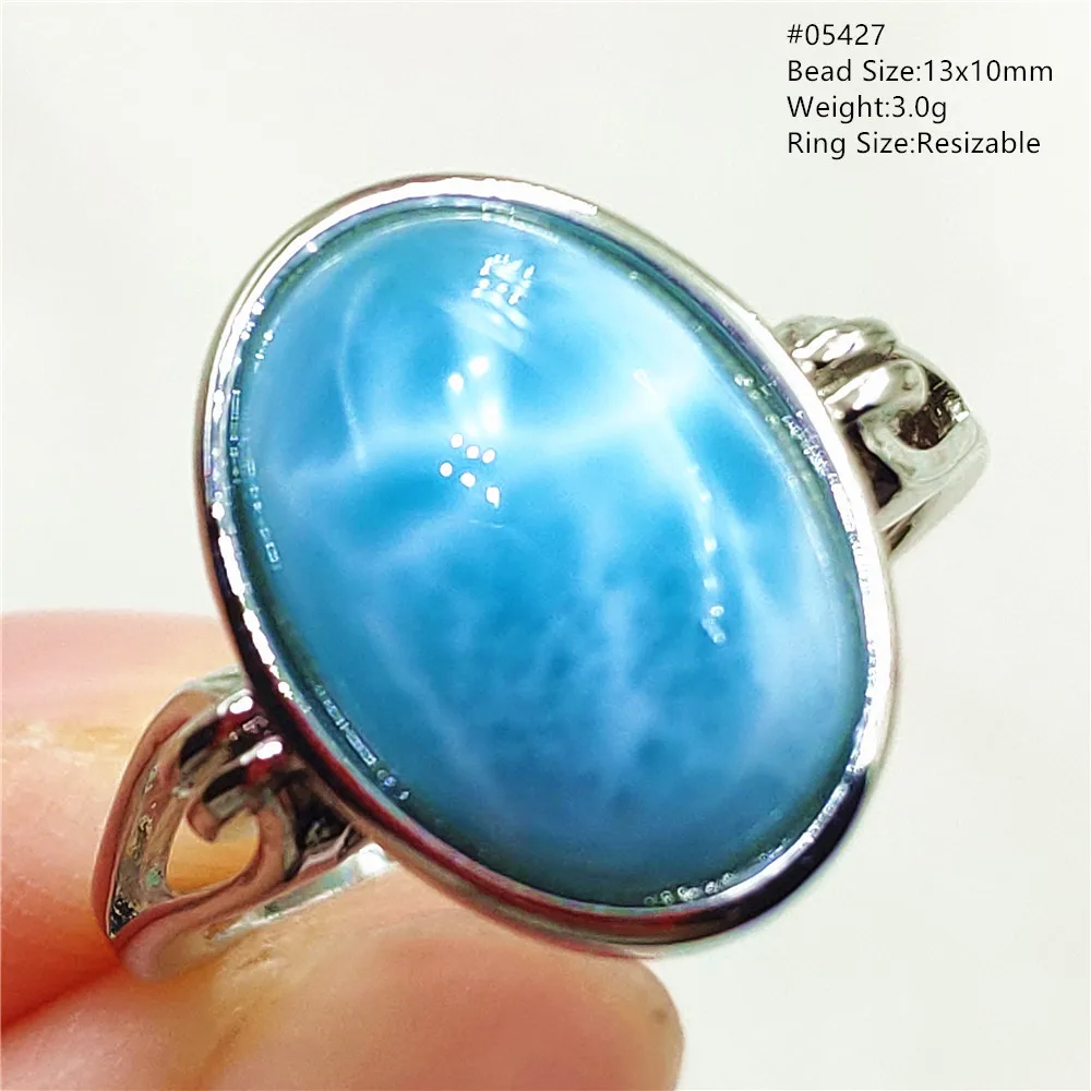 Natural Blue Larimar Oval Adjustable Ring Jewelry Water Pattern Real Larimar For Women Men Healing Fashion Stone AAAAAA