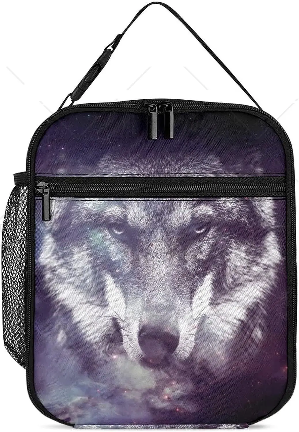 Galaxy Wolf Face Insulated Lunch Box Portable and Reusable Lunch Bag Small Cooler Large Capacity Lunchbox for Work Picnic Travel