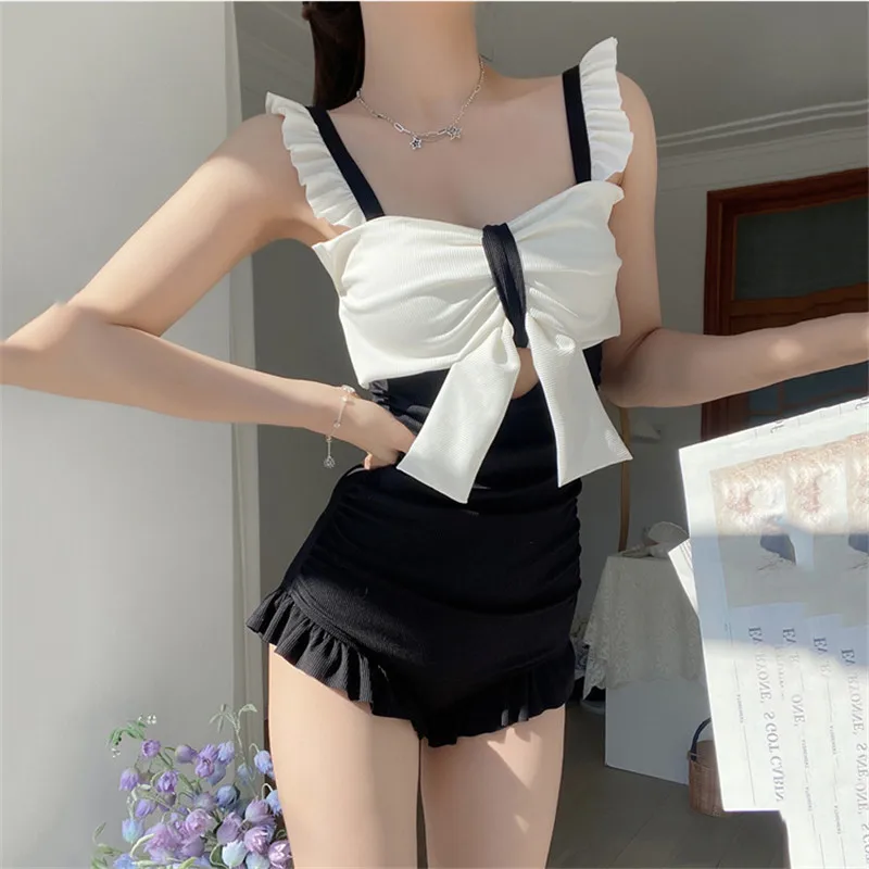 

Holiday Pink Ribbed Cute Bow Ruffled Korean Swimwear Woman 2025 One Piece Swimsuit Bathing Suit Beach Wear Bodysuit Bathers