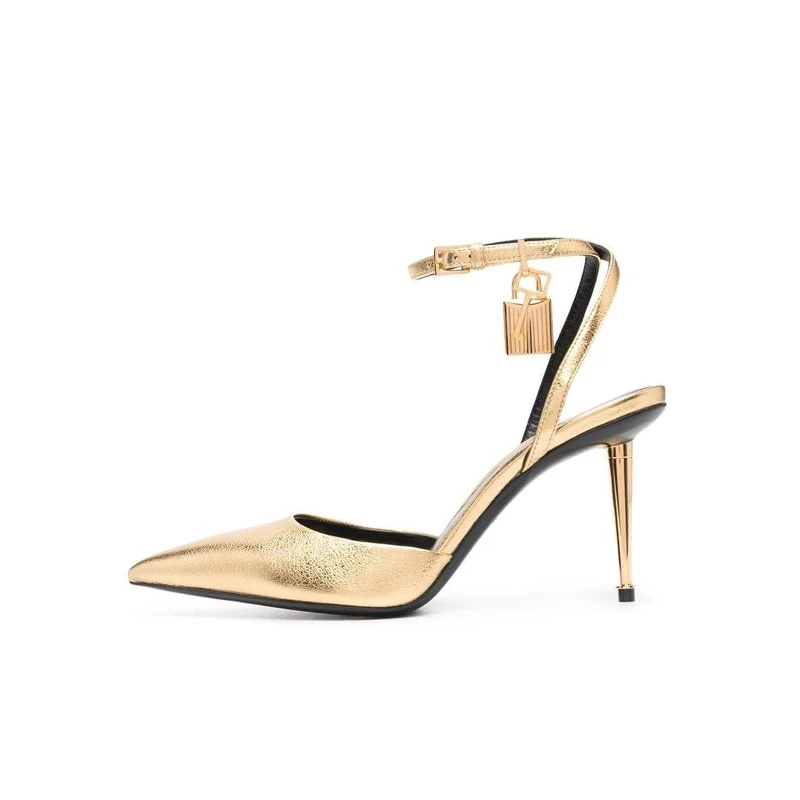 

Sexy Pointed Toe High Heels Metal Lock Decor Sandals Women's Runway Thin Leather High Heels Pumps Mouth Party Dress Shoes