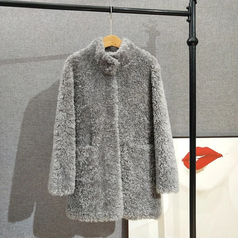 Minimalist Style Stand-up Collar Sheep Shearling Coat Women Mid-length Casual and Warm Winter Jacket JT516