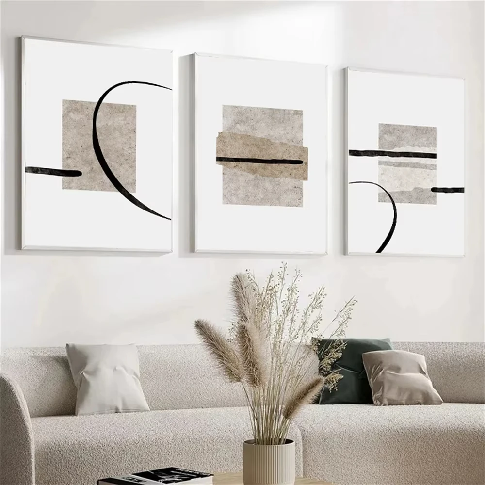 Abstract Color Block Beige Black Line Poster and Print Minimalist Wall Art Oil Painting Nordic Living Room Bedroom Decoration