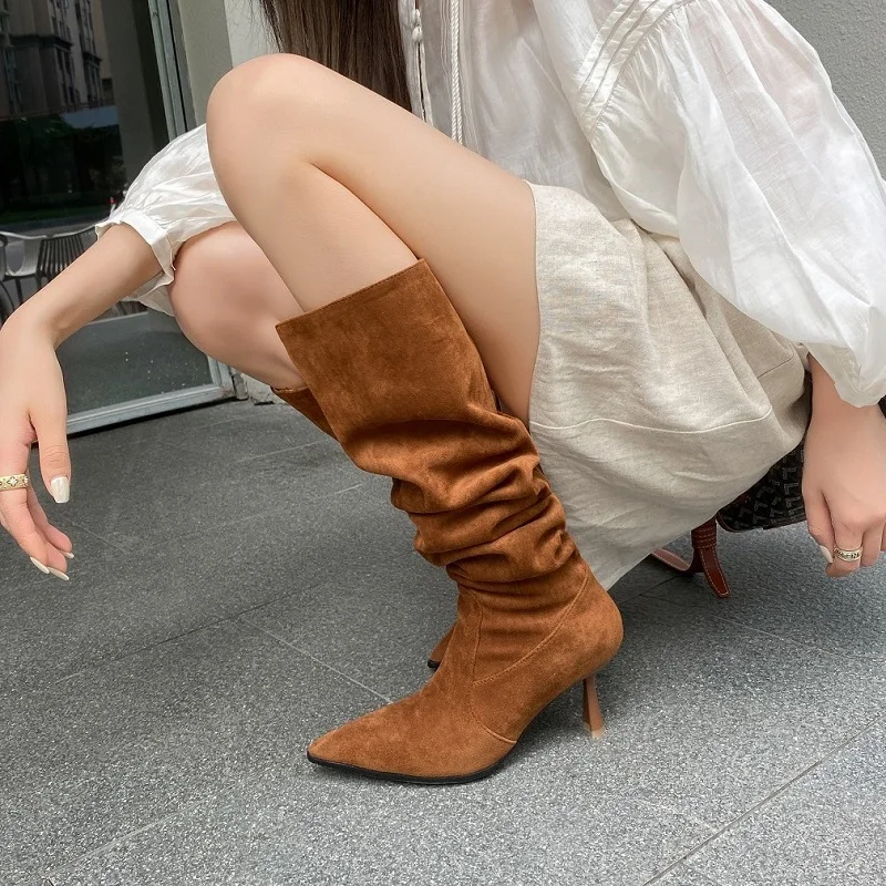 

Spring Autumn Woman Boots Big Girth Slip On Sexy High Heel Simple Pleated Shoes Faux Suede Botas French Style Winter Warm Boots