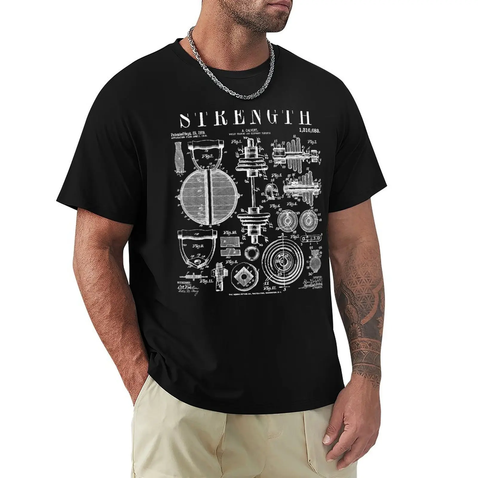 Gym Fitness Workout Dumbbell Kettlebell Vintage Patent Print T-Shirt Basic Regular Fit Casual T-Shirt