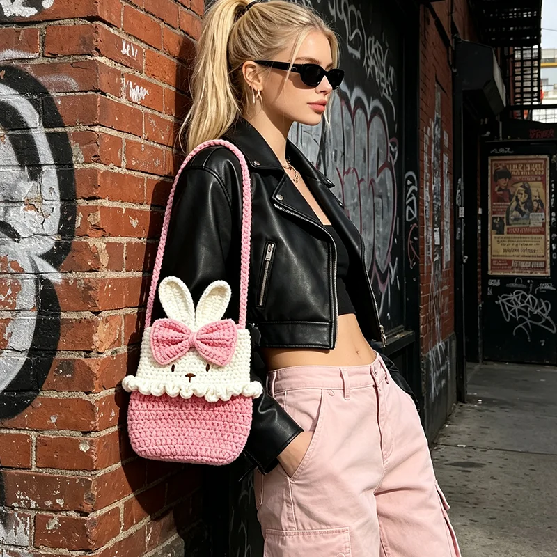 DIY Crochet Bowknot Rabbit Crossbody Bag Material Kit Easter Cute Cartoon Rabbit Shape Yarn Knitting Women's Bag Beginner's Full Set of Tools with Video Tutorial Handmade Bag Girly Commuting Vacation Shoulder Bag Parent-Child Craft Children's Day Valentine's Day Christmas Gift for Girls and Best Friends Creative Holiday Gift