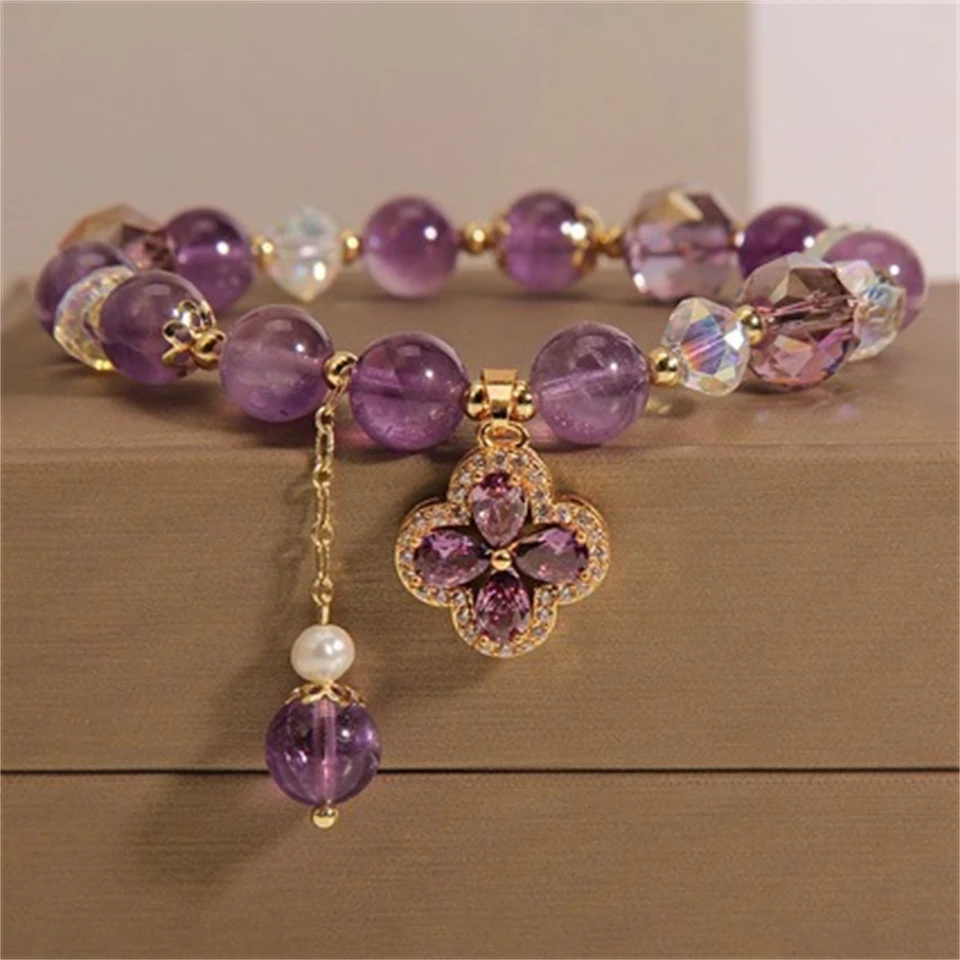 Natural Elegant Amethyst Bracelet Female Luxury Retro Four Leaf Grass Pendant Handstring Bracelet Sisters Chain Jewelry