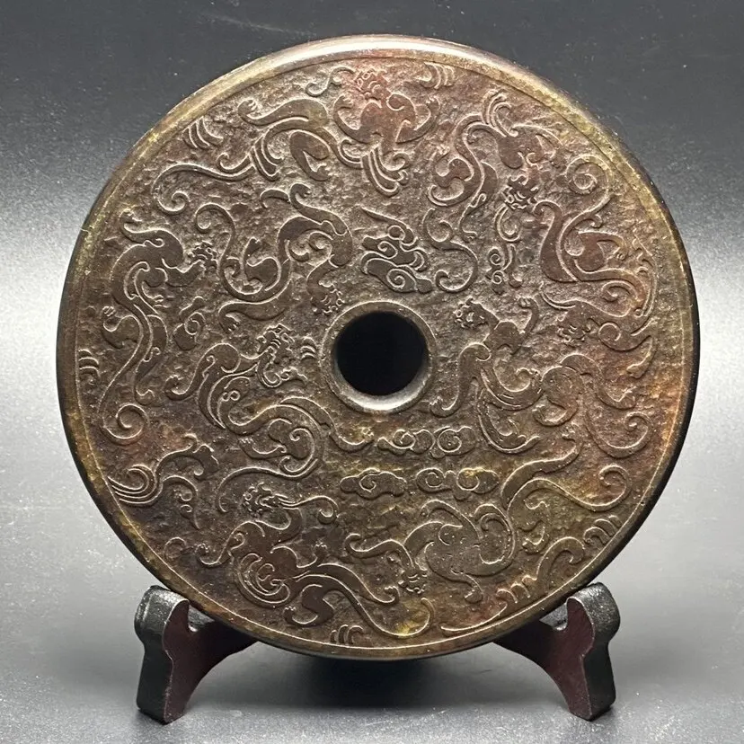 Archaic Style Nine Dragons Jade Bi Disc Ancient Xiuyan Jade Antique Collectible Desktop Ornament Feng Shui Home Decor