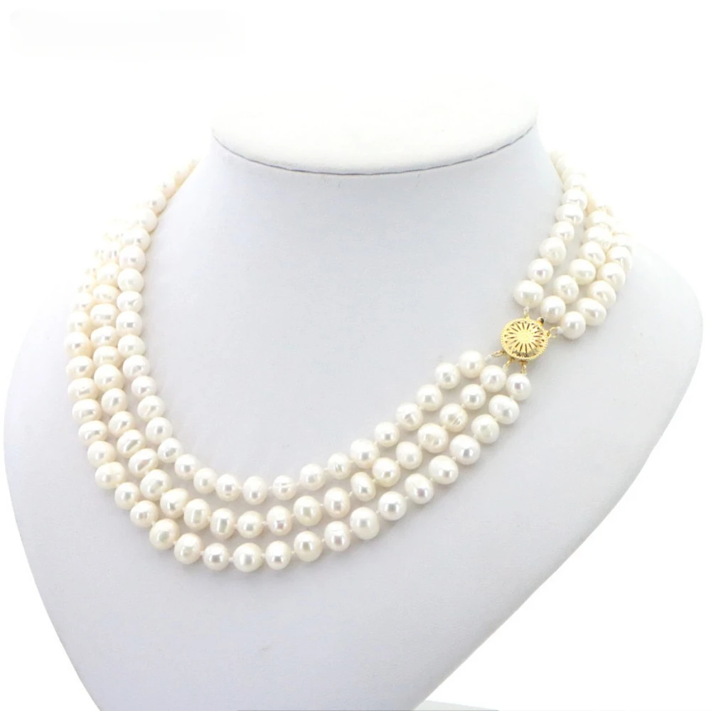 3 Rows Freshwater Pearls Necklace Wedding Jewelry Set for Women 7-8mm Beads Multicolor Selection Birthday Party Clavicle Chain