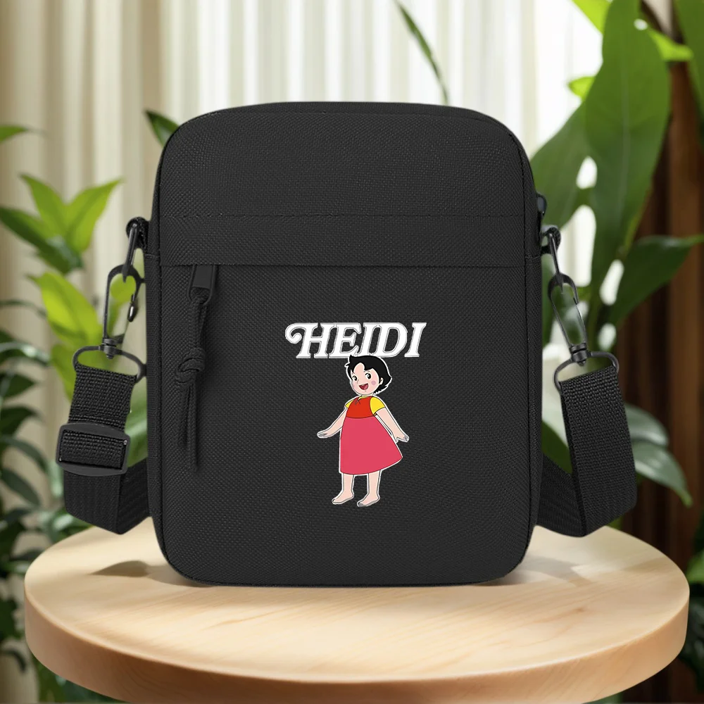 Heidi smiling red dress black background Men Crossbody Bag Single Shoulder Women Cartoon Anime Film Printing Design Unisex