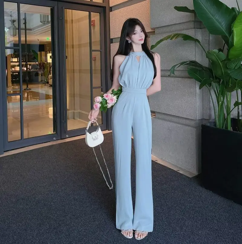 Summer Temperament Halter Straight Jumpsuits Women Elegant Party Sleeveless Rompers Strapless Pendulous Floor Length Jumpsuits