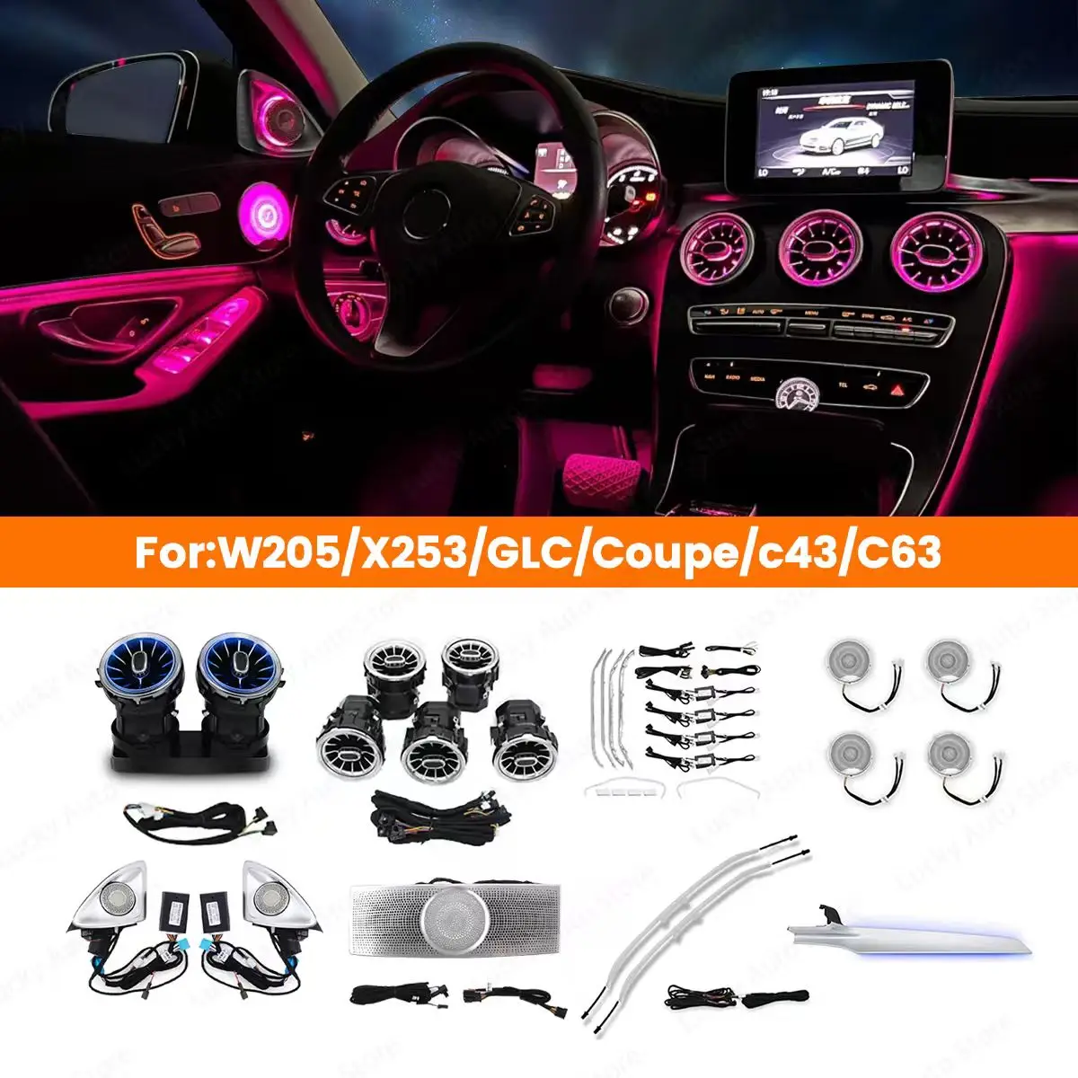 

Светодиодная 64-цветная крышка динамика, декоративная лампа, часть для Mercedes Benz W205 X253 GLC Coupe C43 C63s, автомобильная турбина, вентиляционные отверстия, окружающее освещение
