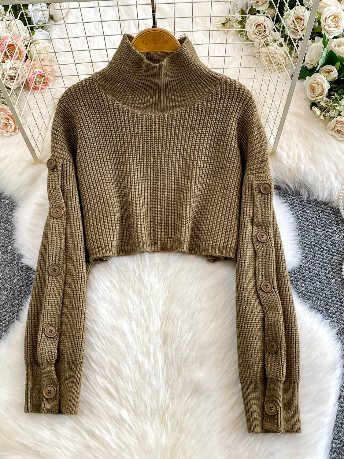 

Women Dark Khaki Pullover Sweater Vintage Y2k Cropped Jumper Knitwear Long Sleeves Turtleneck Sweater Autumn 2000s Clothes 2025