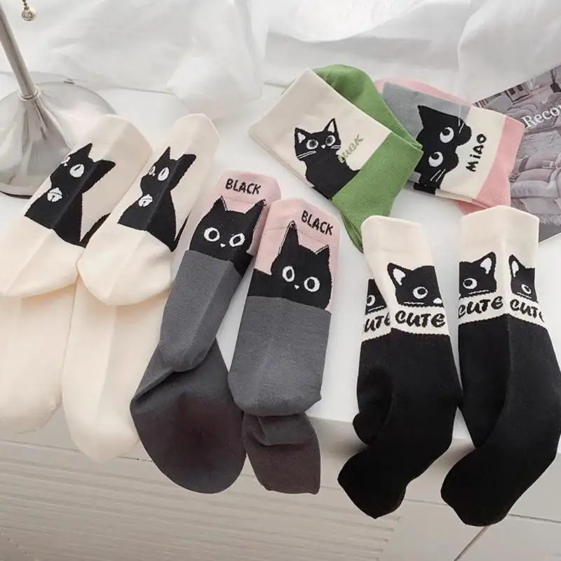 5 Paar süße Cartoon-Katzen-Themen-Socken, Katze, farbblockierte Mittelkalb-Socken, Frühling und Sommer, atmungsaktive Mittelkalb-Socken für Damen – Detail 5