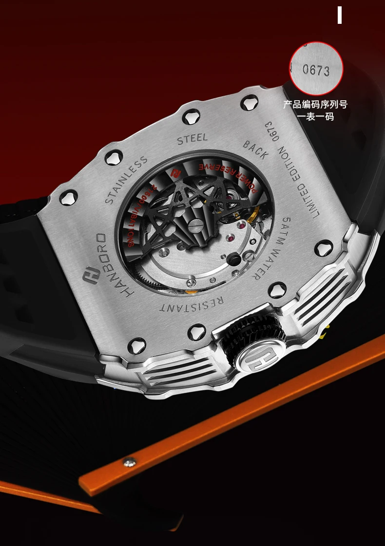 HANBORO orologio automatico da uomo 50.5mm orologio da polso meccanico di lusso cassa Tonneau luminosa 50M impermeabile 6 cambio trucco facciale