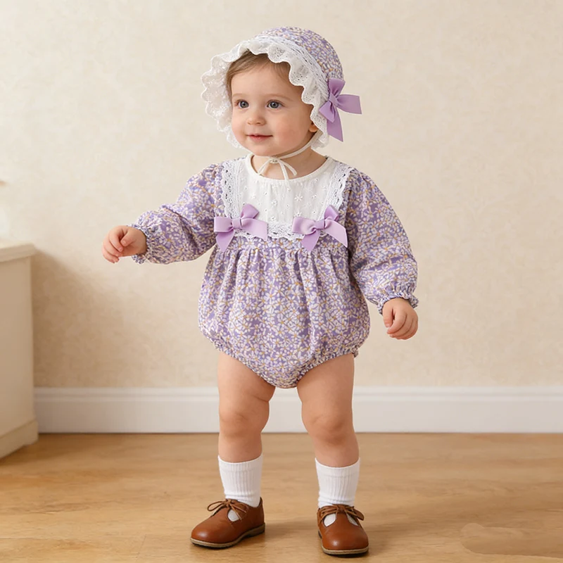 

Новинка 2023 года, весенняя одежда для маленьких девочек 0-24 месяцев, комбинезон для маленьких девочек + шапка, хлопковый комбинезон с длинными рукавами и принтом для маленьких девочек