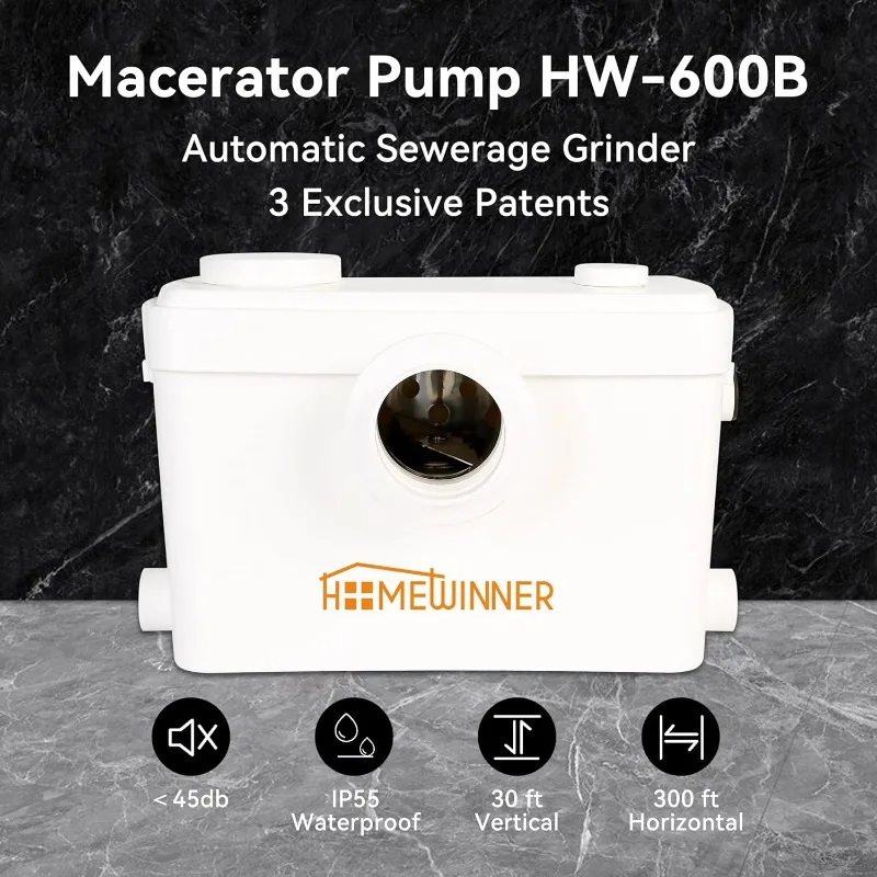 Macerator Pump 600W Toilet Upflush Sewage Grinder Pump System up to 30 ft for Basement Full Bathroom and Off-Grid RV Home